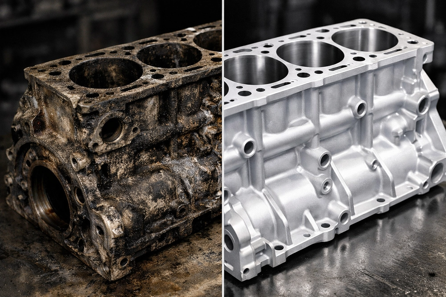 Aquablast Vorher Nachher Motorblock Reinigung